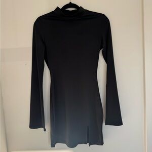 Black Long Sleeve Dress With Mock Neck & Slit & Flare Sleeves